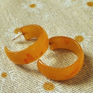 Vintage Bakelite Earrings Pierced Hoop Apricot Patina